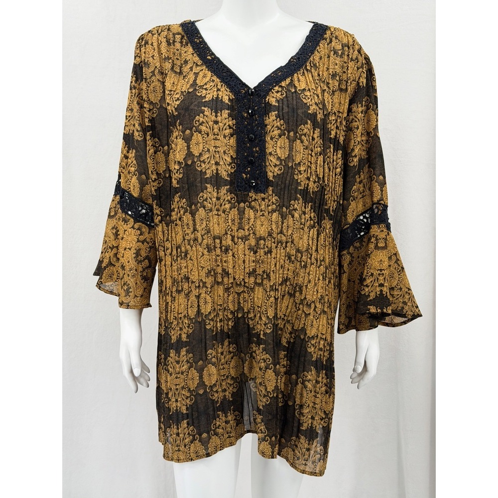 Catherines Top Women 2X Gold Black Damask Pleated Crochet Bell Sleeve Boho Flowy